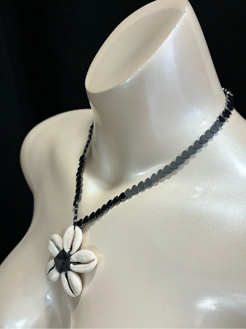 Hematite Hippie Heart Beaded Necklace with White Cowrie Shell Flower Pendant